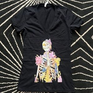 Bella + Canvas V-Neck T-Shirt Top Floral Skeleton Medium